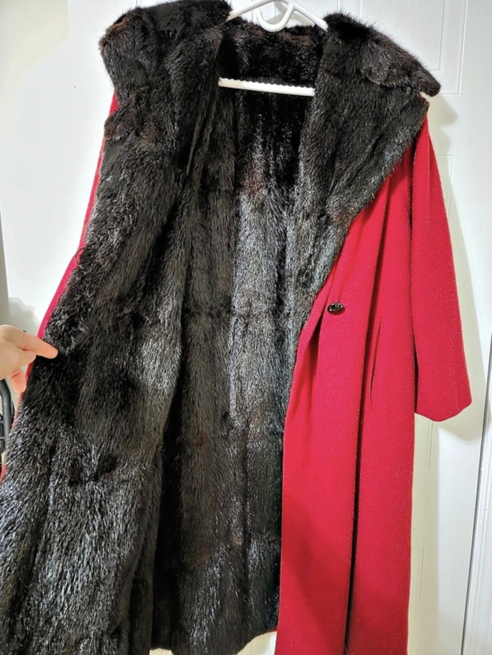 Vintage 60s Red Wool Coat Full Black Fur Mink Lining Shawl Collar